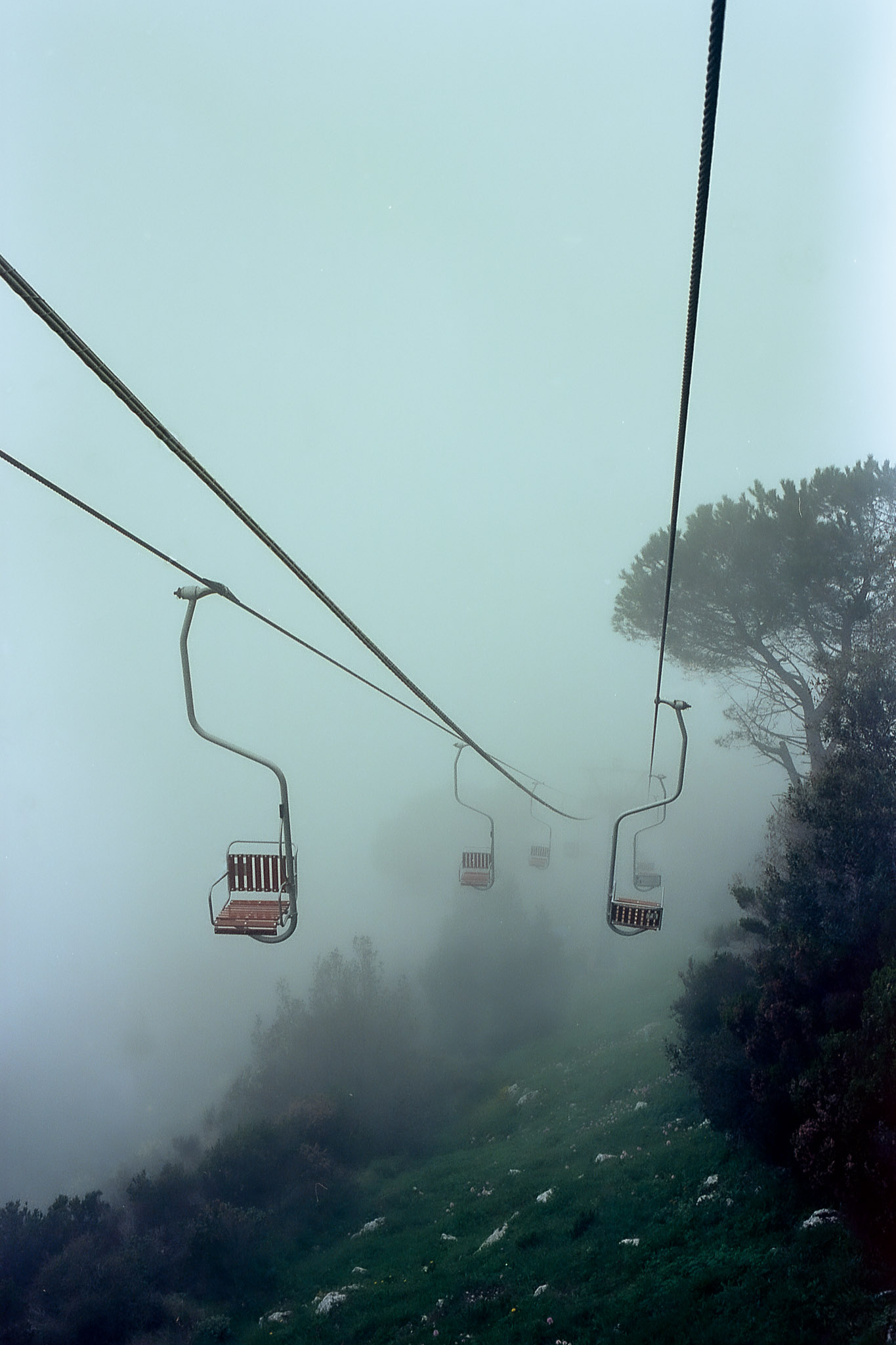 Sillas vacías de una aerosilla se pierden en la niebla sobre una ladera arbolada.