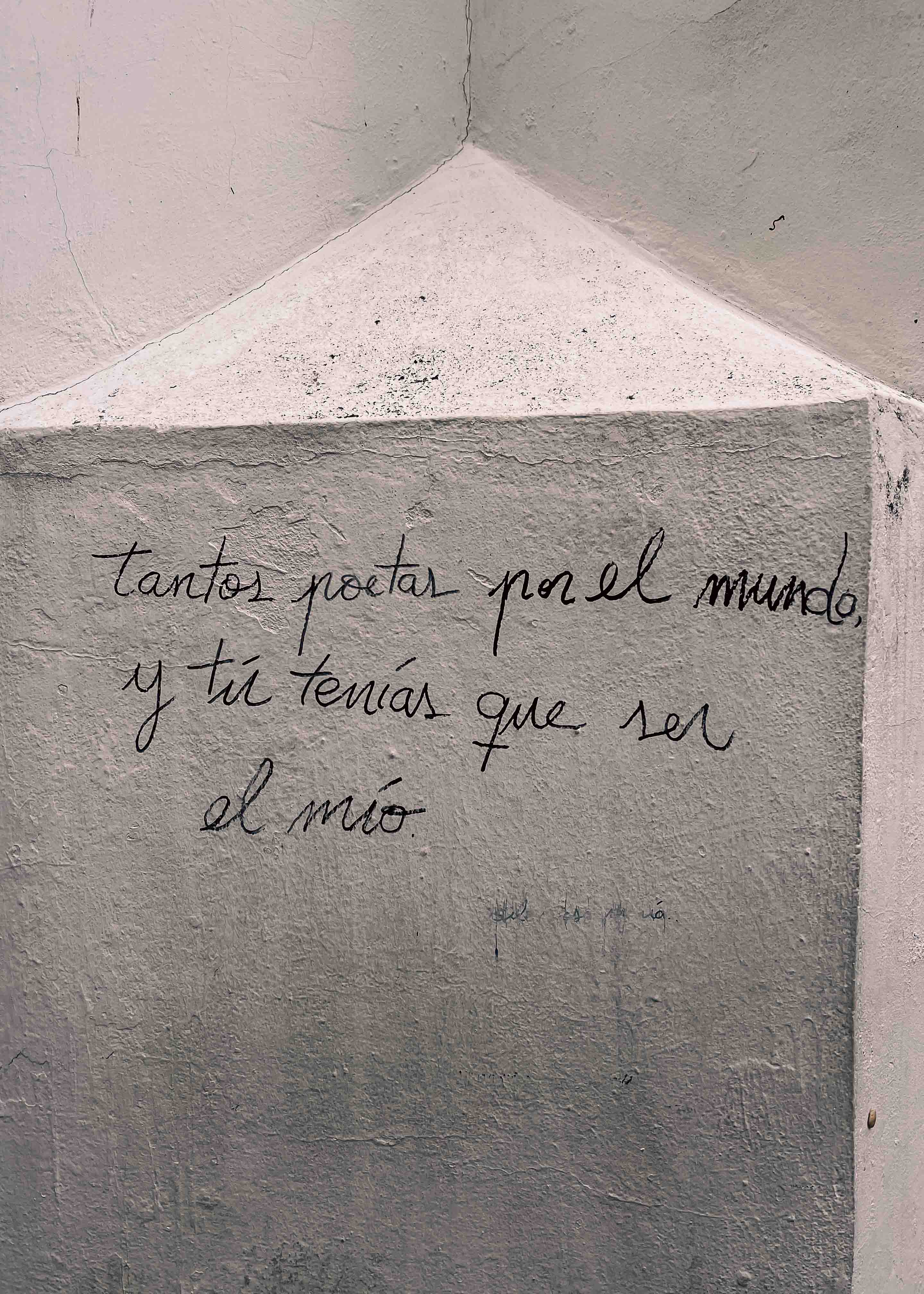 La frase tantos poetas por el mundo, y tú tenías que ser el mío escrita en una pared blanca.