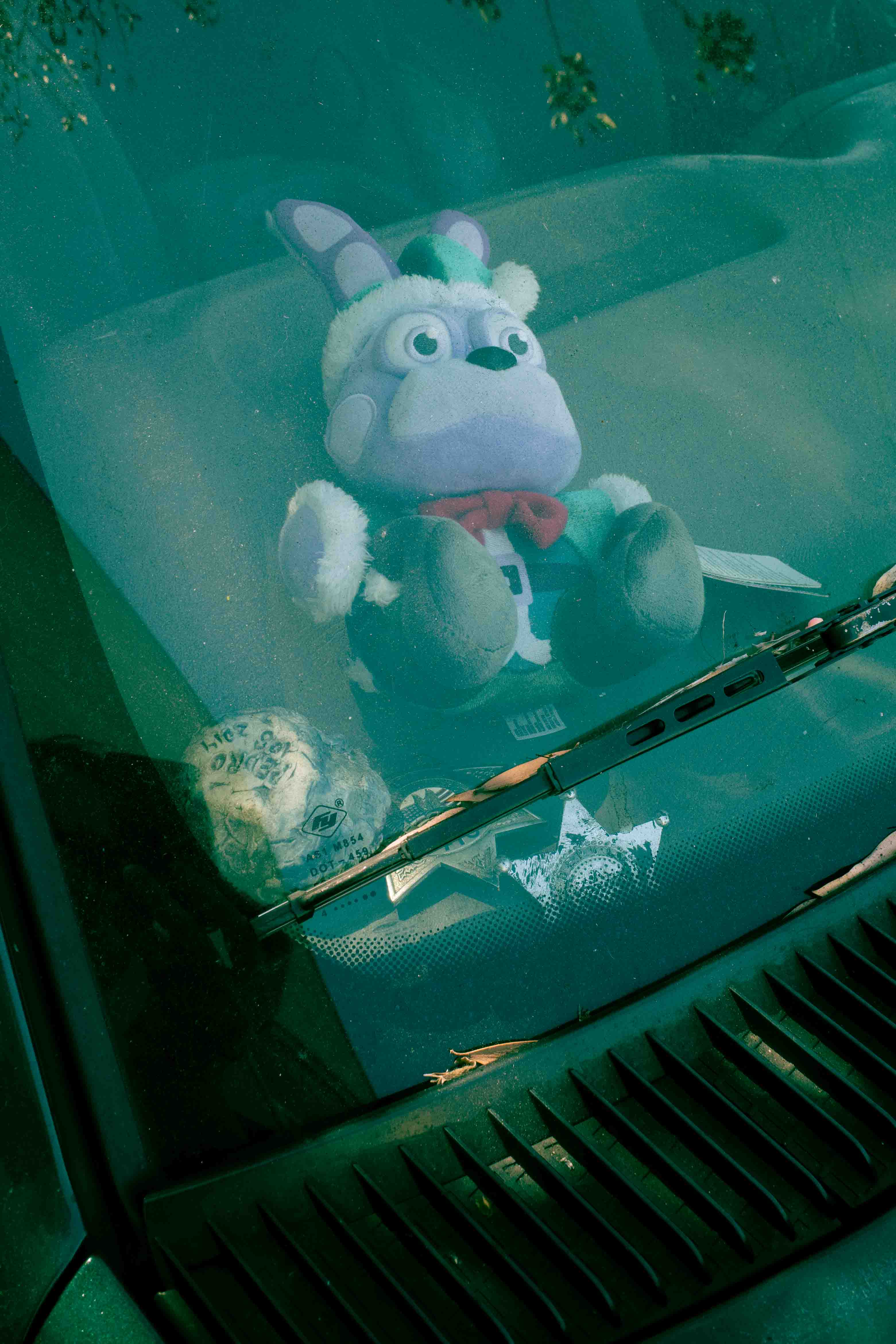 Muñeco y placa de sheriff dentro de auto